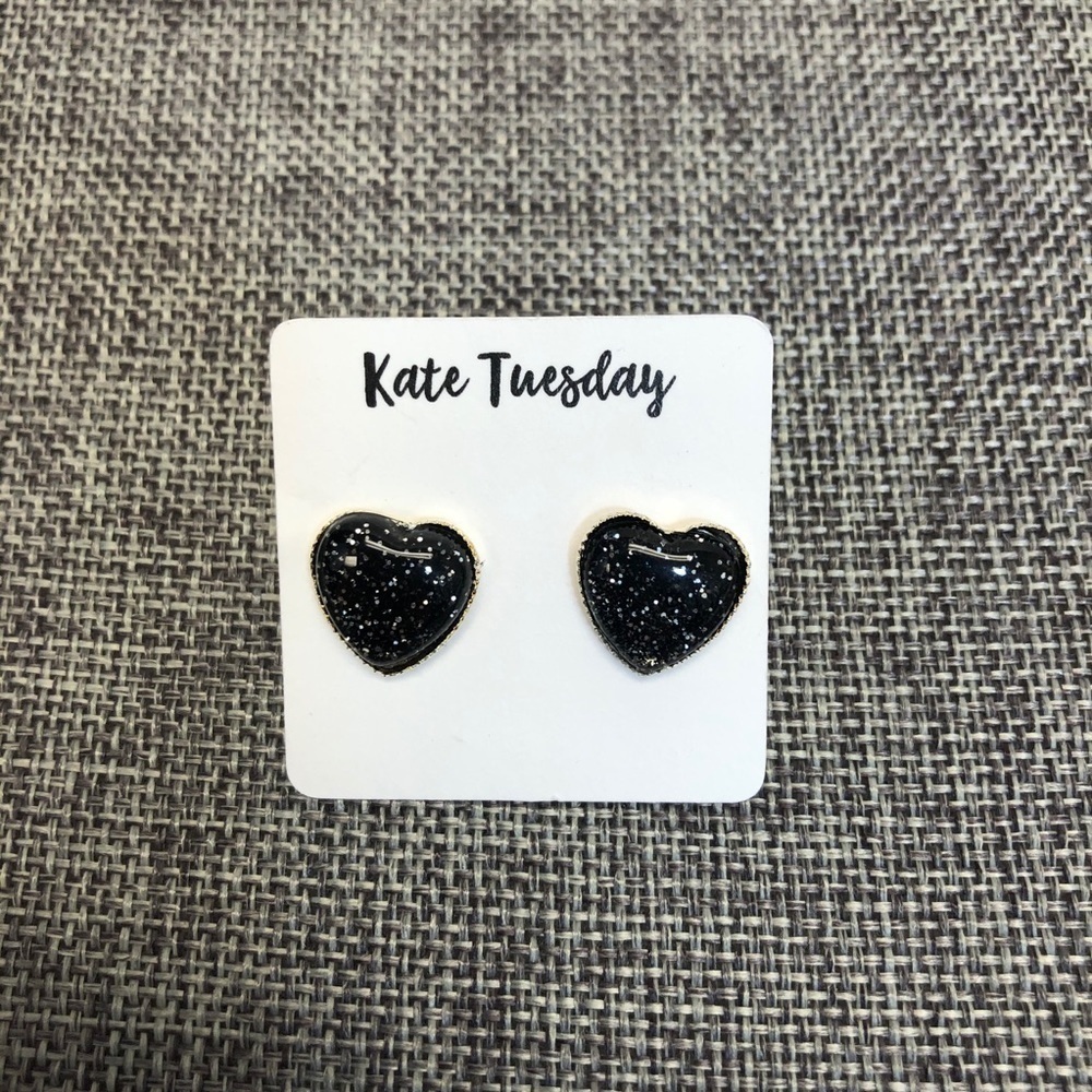5/$20 black heart‎ shaped glitter stud earrings